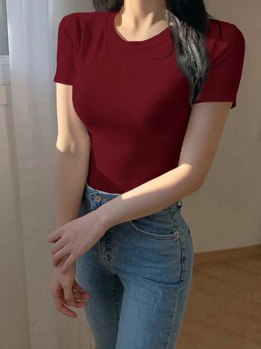 Shein DAZY Camiseta de cuello redondo y manga corta con ajuste entallado para mujer