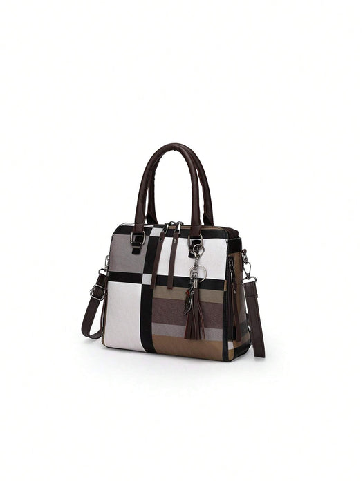 Shein Conjunto de cuatro piezas de Bolsos de mano para mujer, de gran capacidad, versátil, con diseño de cuadros en bloques