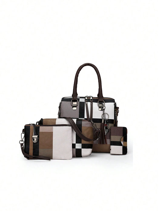 Shein Conjunto de cuatro piezas de Bolsos de mano para mujer, de gran capacidad, versátil, con diseño de cuadros en bloques