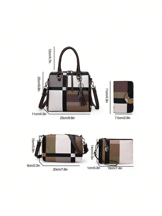 Shein Conjunto de cuatro piezas de Bolsos de mano para mujer, de gran capacidad, versátil, con diseño de cuadros en bloques