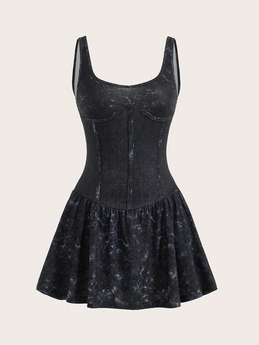 SHEIN Slaydiva Vestido corto informal negro lavado con estampado, sin mangas, fruncido y acampanado