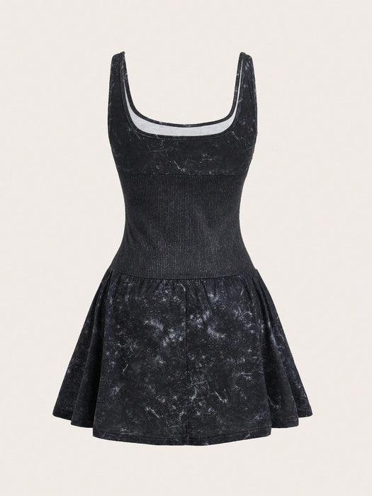 SHEIN Slaydiva Vestido corto informal negro lavado con estampado, sin mangas, fruncido y acampanado