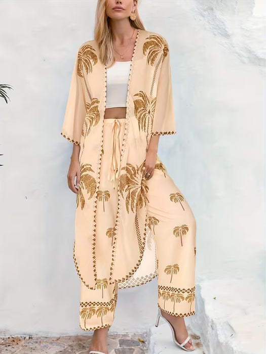 Conjunto de cardigan y pantalones anchos con estampado de coco tropical para mujer