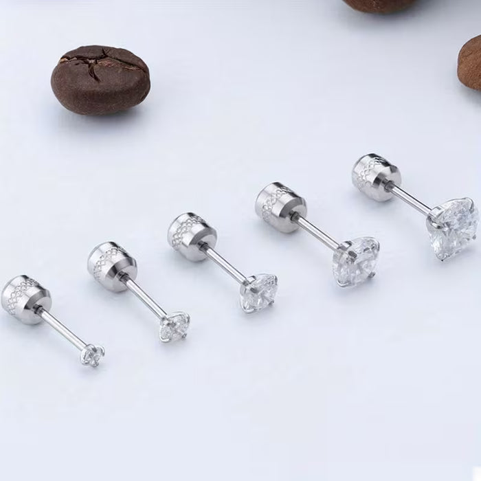 5 Pares de Pendientes con Tornillo, Acero Inoxidable Hipoalergénico Zirconia Sintética Doble Cara