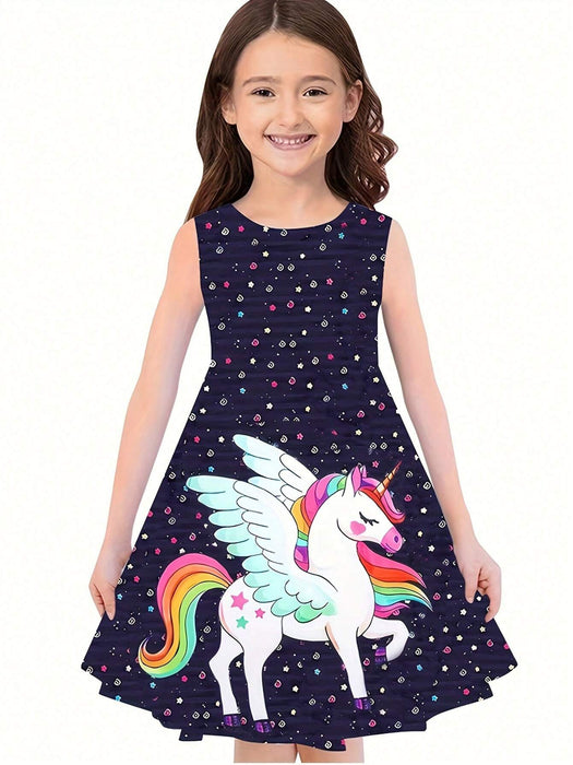 Vestido sin mangas con estampado de unicornio para niña, corte holgado y cómodo