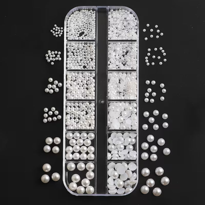 Perlas de arte de uñas en 12 cuadrículas - Perlas de resina de diferentes tamaños en forma de media esfera y planas para uñas