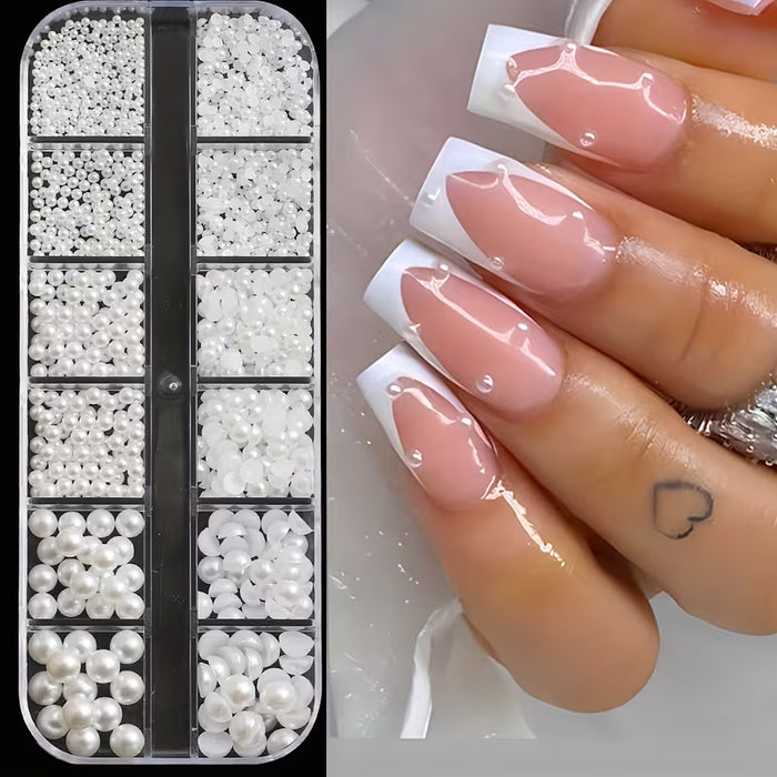 Perlas de arte de uñas en 12 cuadrículas - Perlas de resina de diferentes tamaños en forma de media esfera y planas para uñas
