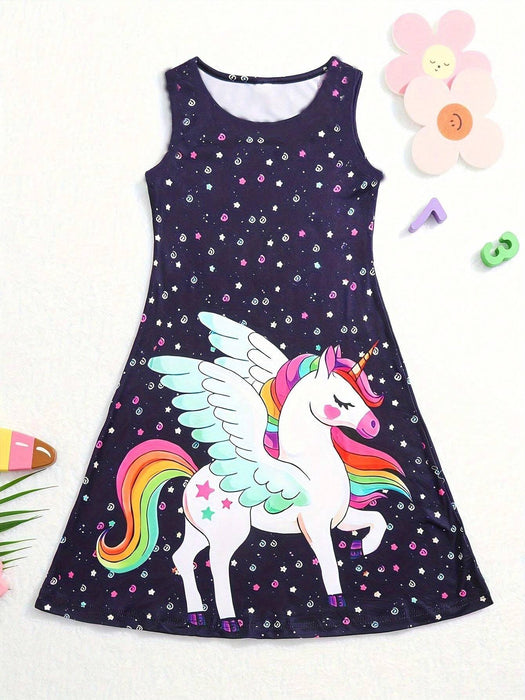 Vestido sin mangas con estampado de unicornio para niña, corte holgado y cómodo