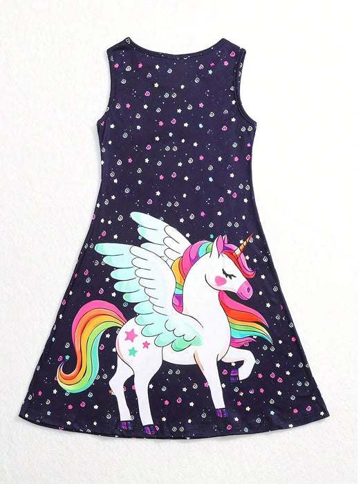 Vestido sin mangas con estampado de unicornio para niña, corte holgado y cómodo