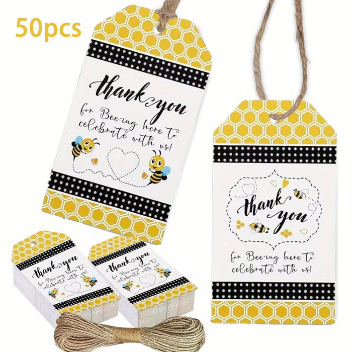 Conjunto de 50 Tarjetas de Agradecimiento con Abejitas y Cuerdas