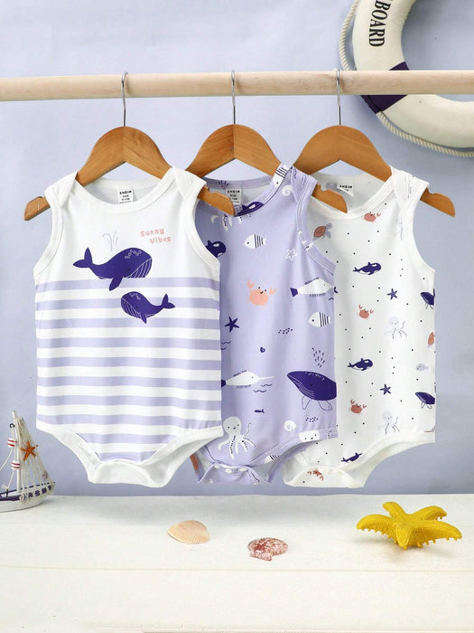 Shein 3 piezas Bodys sin mangas cómodos con estampado de criaturas marinas lindas de ballena para niños