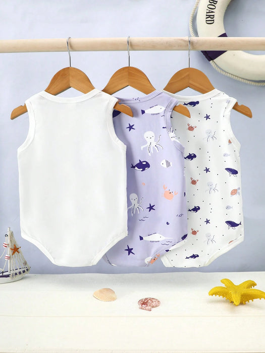 Shein 3 piezas Bodys sin mangas cómodos con estampado de criaturas marinas lindas de ballena para niños