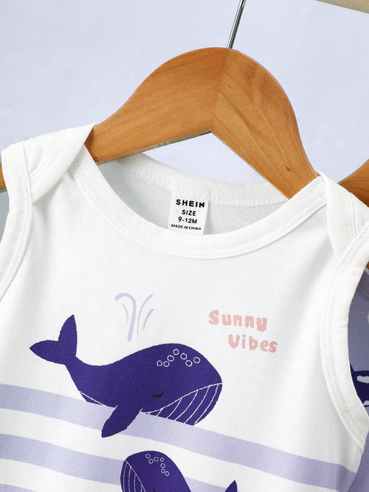 Shein 3 piezas Bodys sin mangas cómodos con estampado de criaturas marinas lindas de ballena para niños