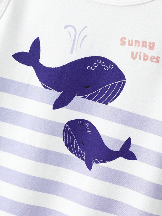Shein 3 piezas Bodys sin mangas cómodos con estampado de criaturas marinas lindas de ballena para niños