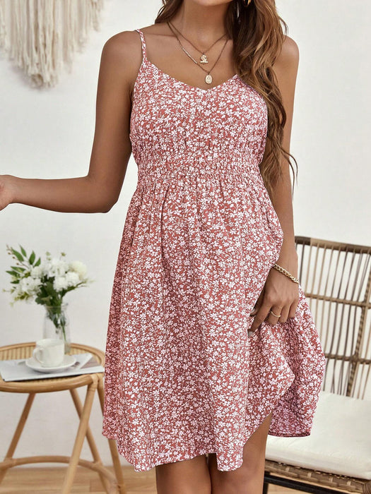 SHEIN Vestido de tirantes informal con cintura ceñida y estampado floral minimalista para embarazadas