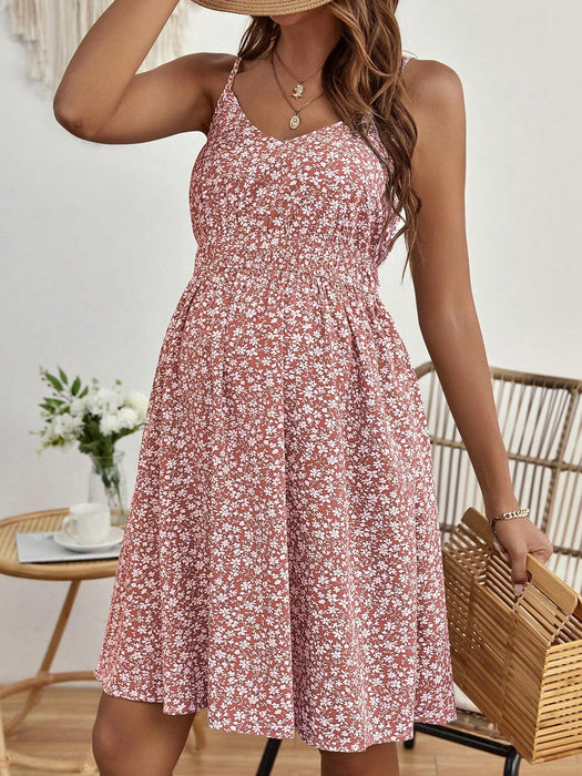 SHEIN Vestido de tirantes informal con cintura ceñida y estampado floral minimalista para embarazadas