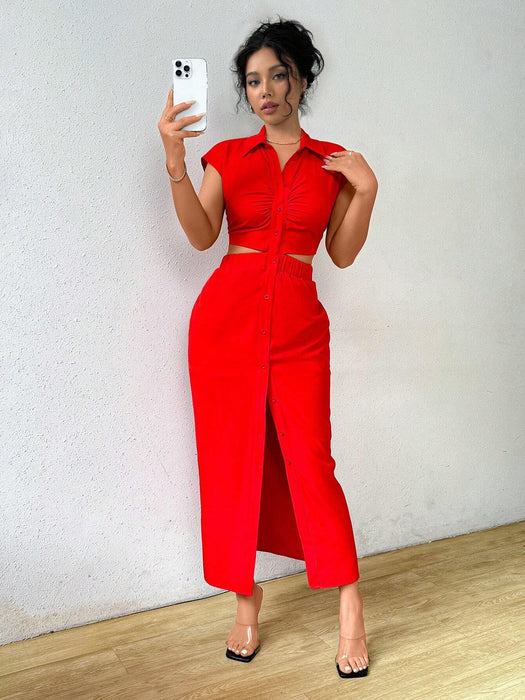 SHEIN Rafferiza Vestido camisero elegante y casual de verano con cuello en V y botones en la parte delantera