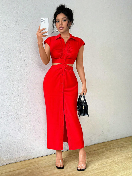 SHEIN Rafferiza Vestido camisero elegante y casual de verano con cuello en V y botones en la parte delantera
