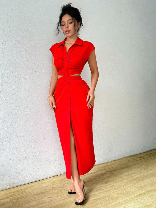 SHEIN Rafferiza Vestido camisero elegante y casual de verano con cuello en V y botones en la parte delantera