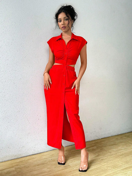 SHEIN Rafferiza Vestido camisero elegante y casual de verano con cuello en V y botones en la parte delantera