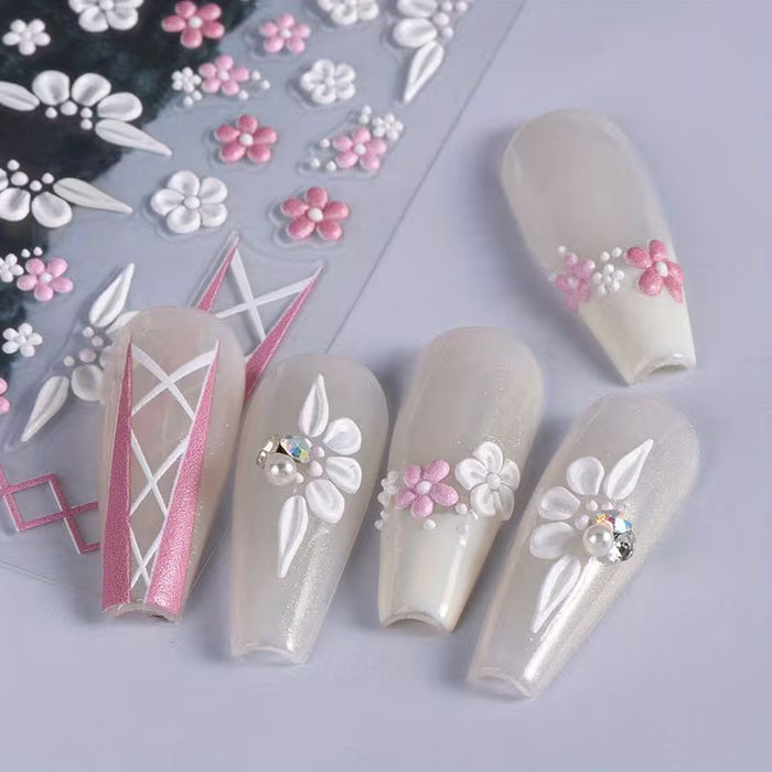 2 Pegatinas de Uñas con Flores y Lazo de Fantasía en Relieve 3D - Acabado Mate