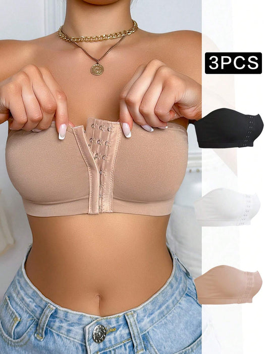 Shein Paquete de 3 sujetadores sin tirantes, cómodos, transpirables, con cierre frontal y sin aros