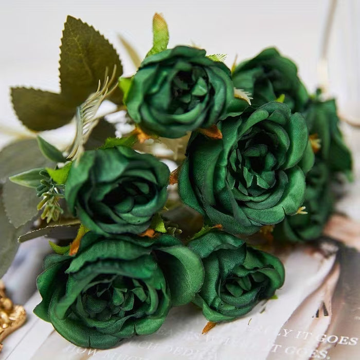 7 Rosas Verde Oscuro - Rosas Artificiales Realistas