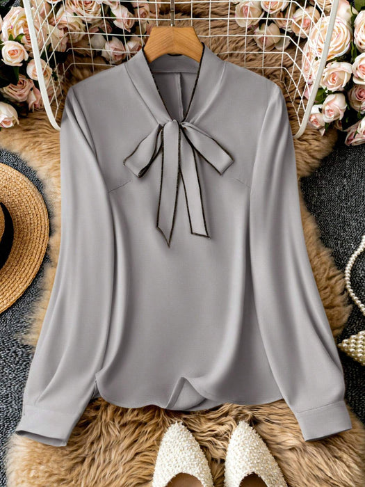 SHEIN Clasi Camisa de oficina elegante de manga larga con lazo en el cuello para mujer