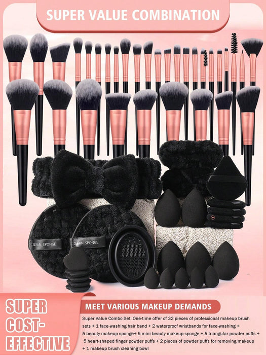 SHEIN Set de 58 brochas de maquillaje que incluye 32 brochas, 20 esponjas, 1 diadema y 2 muñequeras desmaquillantes
