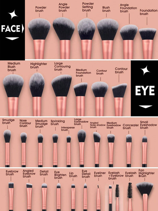 SHEIN Set de 58 brochas de maquillaje que incluye 32 brochas, 20 esponjas, 1 diadema y 2 muñequeras desmaquillantes