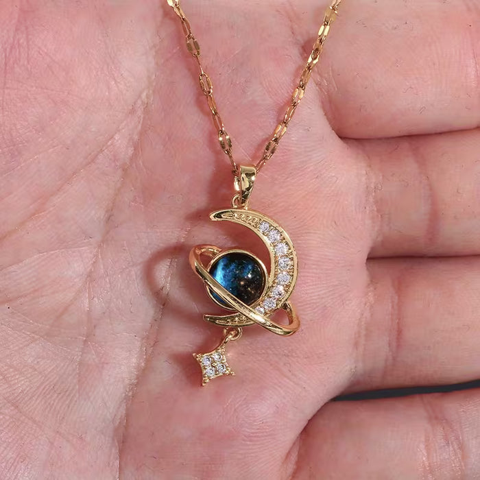 Collar con Colgante de Borla de Planeta Y2K con Meteoros Rodeando la Luna