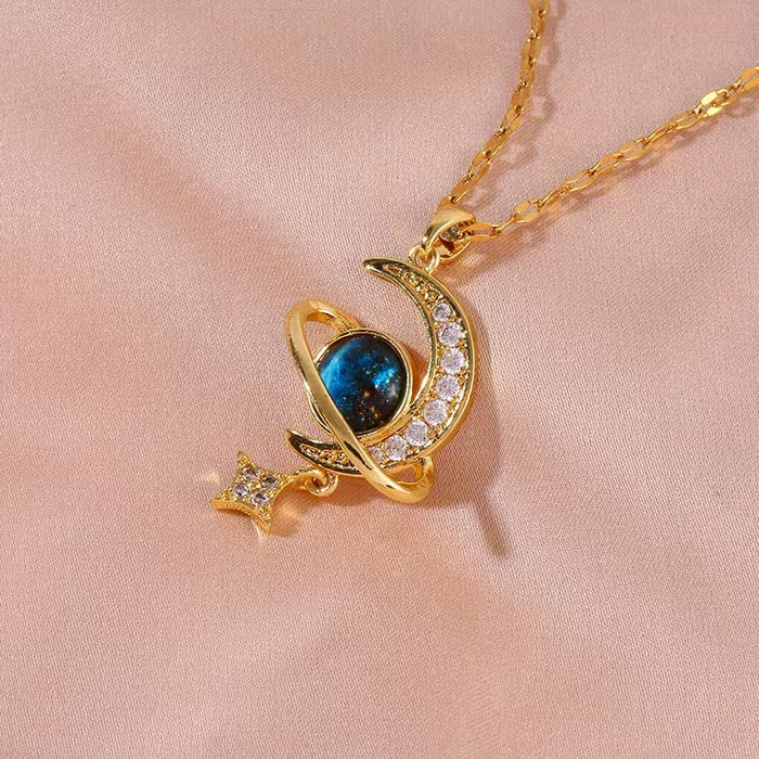 Collar con Colgante de Borla de Planeta Y2K con Meteoros Rodeando la Luna