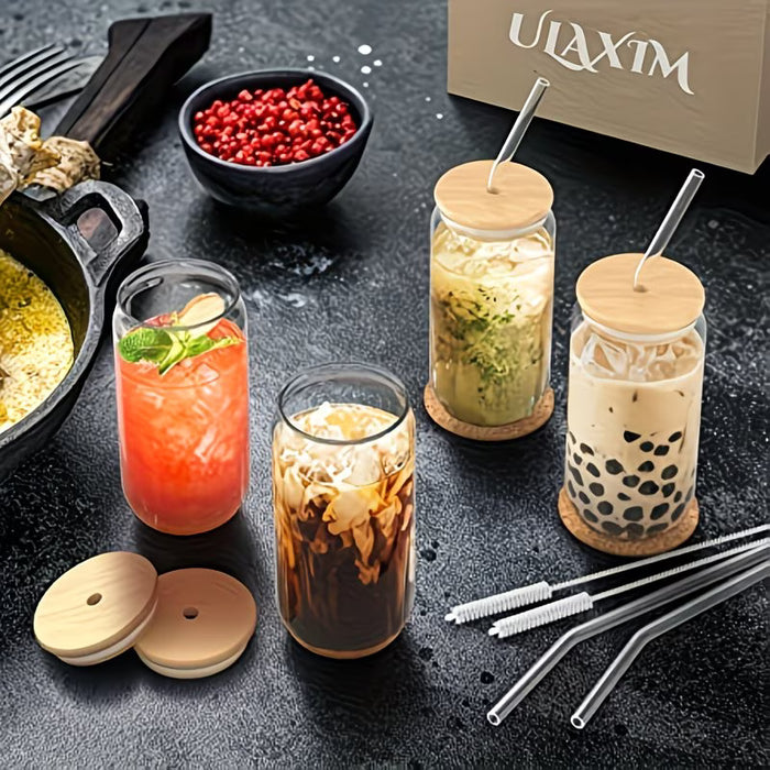 Conjunto de 4 taza de agua de 550ml + 4 tapa de bambú + 4 pajita de vidrio + 2 cepillo para pajitas)