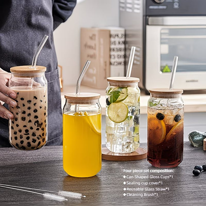 Conjunto de 4 taza de agua de 550ml + 4 tapa de bambú + 4 pajita de vidrio + 2 cepillo para pajitas)