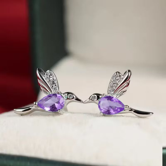 Aretes de colibrí de moda, aleación de tono plateado con piedras
