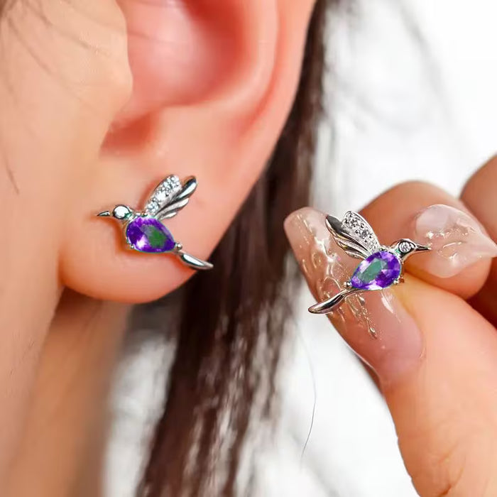Aretes de colibrí de moda, aleación de tono plateado con piedras