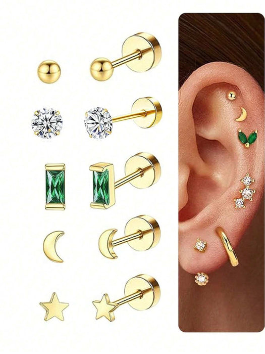 Shein 6 piezas Juego de aretes de botón de acero inoxidable hipoalergénico, aretes de cartílago planos y pequeños