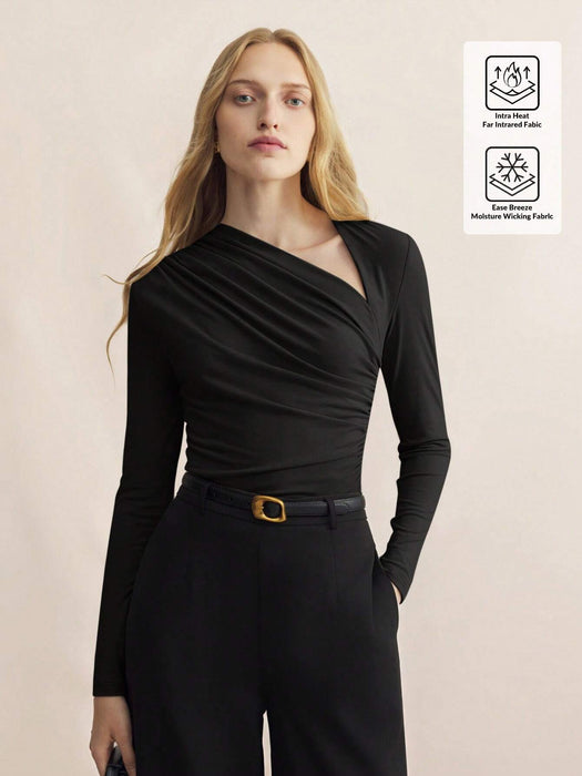 SHEIN BizChic Top ajustado de manga larga con cuello asimétrico negro para mujer