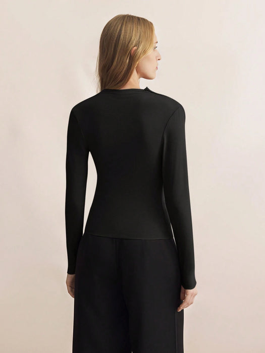 SHEIN BizChic Top ajustado de manga larga con cuello asimétrico negro para mujer