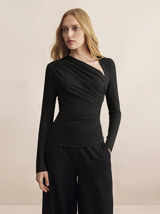 SHEIN BizChic Top ajustado de manga larga con cuello asimétrico negro para mujer