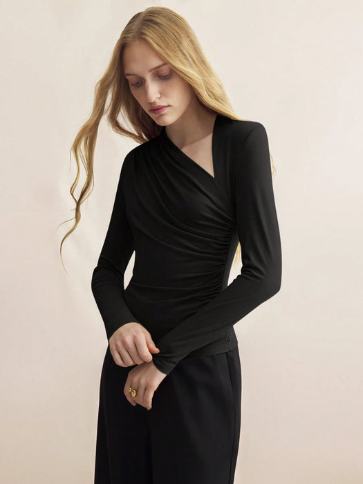 SHEIN BizChic Top ajustado de manga larga con cuello asimétrico negro para mujer