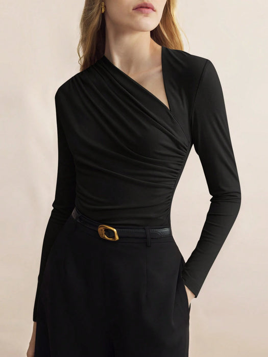 SHEIN BizChic Top ajustado de manga larga con cuello asimétrico negro para mujer