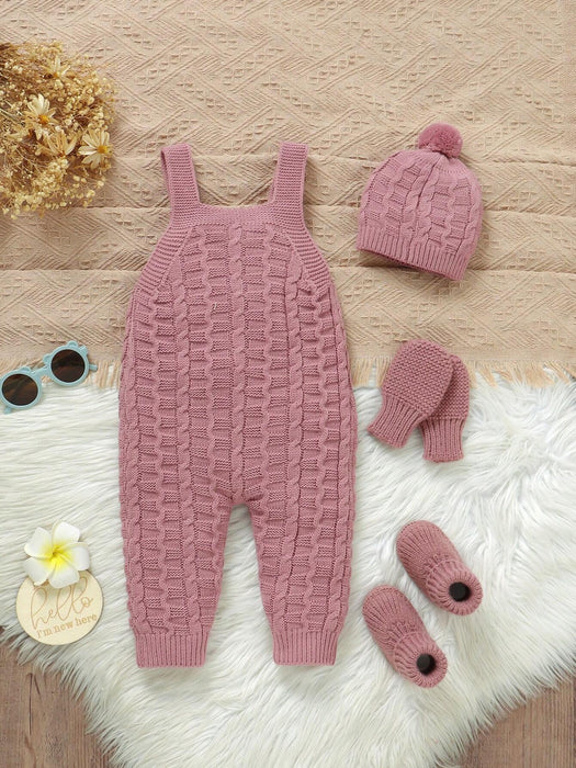 SHEIN Vintaside Kids Juego de 4 piezas para bebé niña: Mono de punto con tirantes, gorro, guantes y zapatos