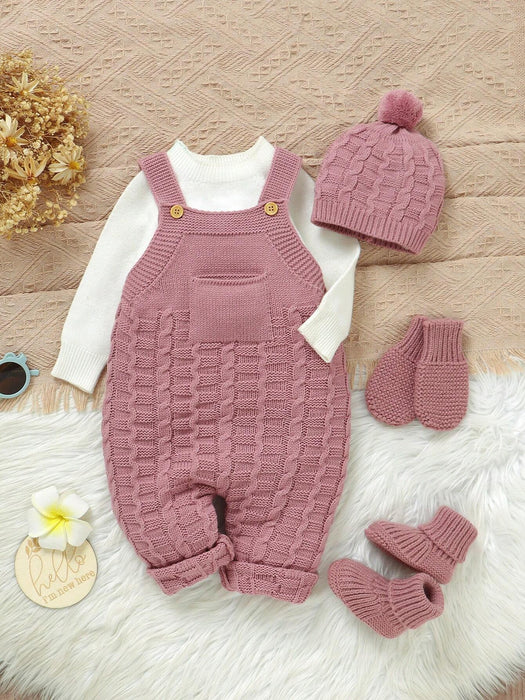 SHEIN Vintaside Kids Juego de 4 piezas para bebé niña: Mono de punto con tirantes, gorro, guantes y zapatos