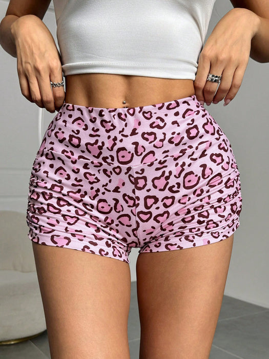SHEIN EZwear Shorts casuales, glamurosos y sexys con estampado de leopardo y cintura elástica fruncida