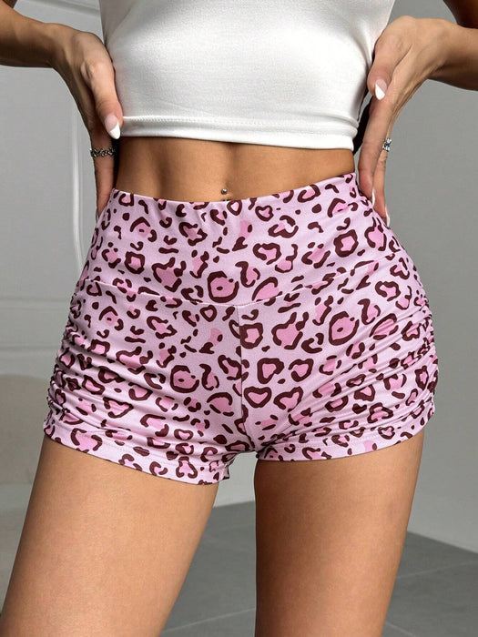 SHEIN EZwear Shorts casuales, glamurosos y sexys con estampado de leopardo y cintura elástica fruncida