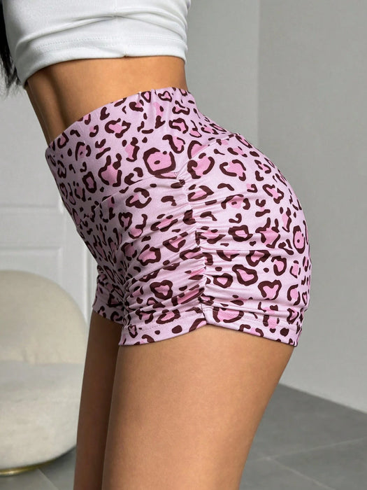 SHEIN EZwear Shorts casuales, glamurosos y sexys con estampado de leopardo y cintura elástica fruncida