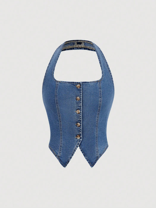 SHEIN MOD Top de mezclilla casual para mujer con cuello halter y botones