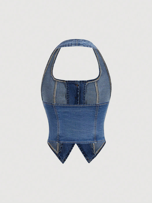 SHEIN MOD Top de mezclilla casual para mujer con cuello halter y botones