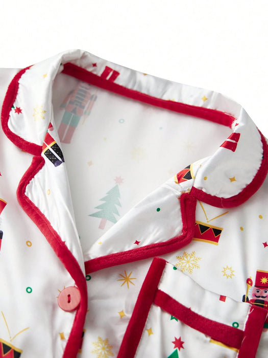 Conjunto navideño de dos piezas para mujer: ropa de estar por casa, con estampado y lazo